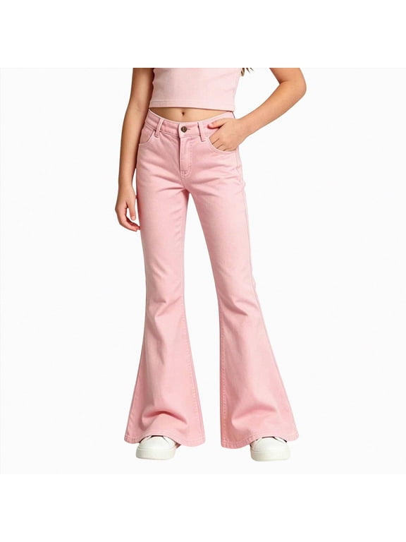 Girls Flare Jeans 8-12 High Waisted Stretch Denim Pants Ripped Bell Bottom Style for School Casual Wear(Pink,6-7 Years)