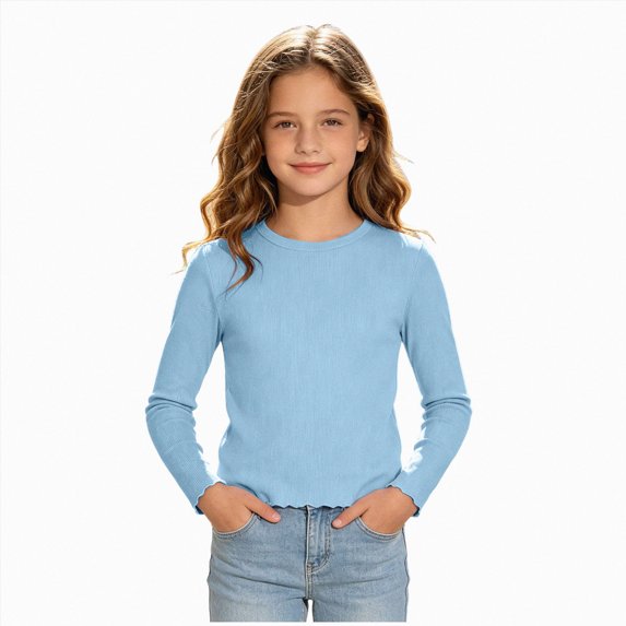 Linfrsh Girls Long Sleeve Ruffle Shirts Kids Long Sleeve Top Casual Daily Outfits(Sky Blue,13-14 Years)