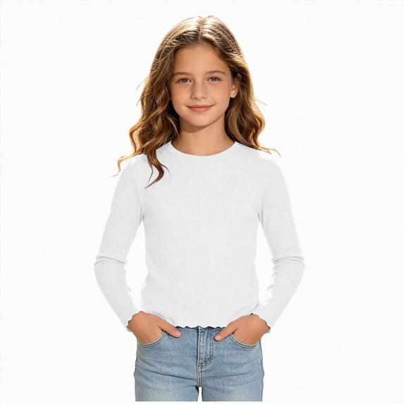 Linfrsh Girls Long Sleeve Ruffle Shirts Kids Long Sleeve Top Casual Daily Outfits(White,15-16 Years)