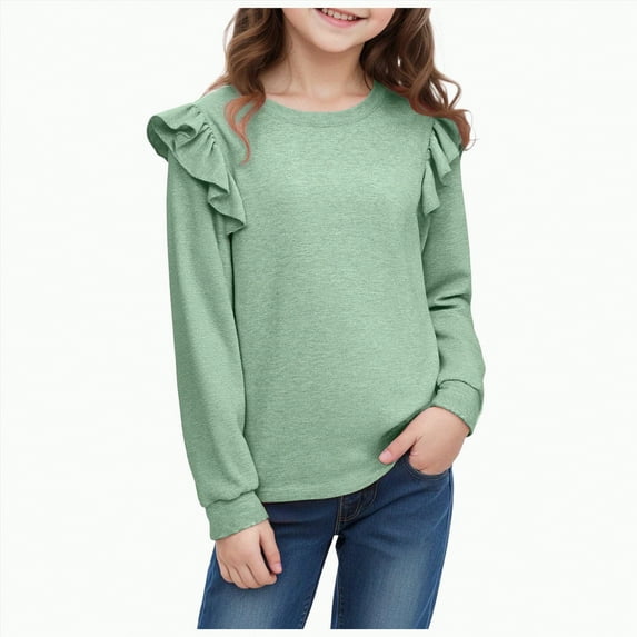 Linfrsh Girls Long Sleeve Shirt Girls Long Sleeve Shirts Soft Cotton Long-Sleeve T-Shirts Tagless Basic Tees for Teen Girls Youth Green,9-10 Years