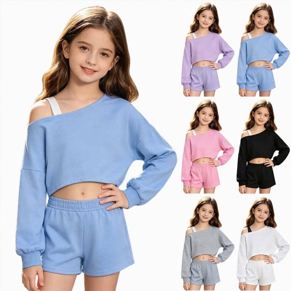 Linfrsh Girls Off The Shoulder Sweatshirt Asymmetrical Long Sleeve Cute Crop Tops(Grey,9-10 Years)