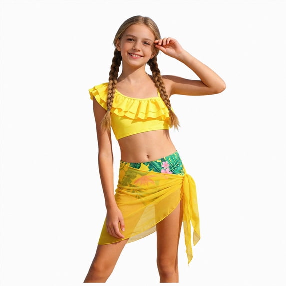 Linfrsh Girls Ruffle Bikini Top and Scoop Bottoms Swim Set with UPF 50, 2-Piece, Sizes 4-18(Yellow,7-8 Years)