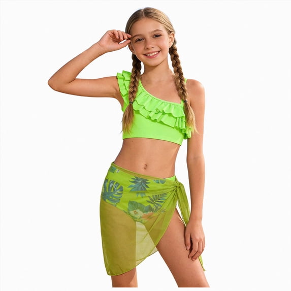 Linfrsh Girls Ruffle Eyelet Tankini Swimsuit, 2-Piece, Sizes 4-18(Light Green,8-9 Years)