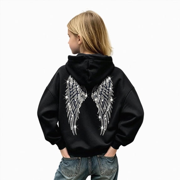 Linfrsh Girls Sequin Angel Wings Hoodies Trendy Long Sleeve Hooded Baggy Drawstring Sweat Fashion Casual Pullovers With Pockets(Black,4-5 Years)