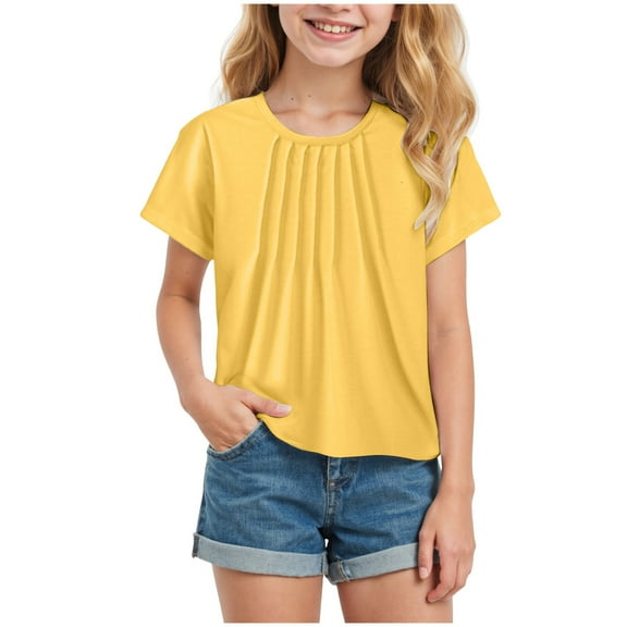 Linfrsh Girls Shirt Floral Girls Casual Crewneck Cap Sleeve T Shirts Summer Tunic Tops Loose Fit Cute Tee(Yellow,Size 5-6 T)