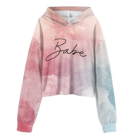 Linfrsh Girls Sweatshirt Letter Long Clothes Hoodies Pullover Short Dyed Tops Sweatshirts Girls Kids Sleeve Teen Girls Tops Pink,140