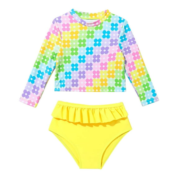 Linfrsh Girls Swimsuit 2 Pieces Long Sleeve Rash Guard Set Tankini Kids Bathing Suits Girls Summer Girls' Swimwear(Yellow,Size 18-24 Months)