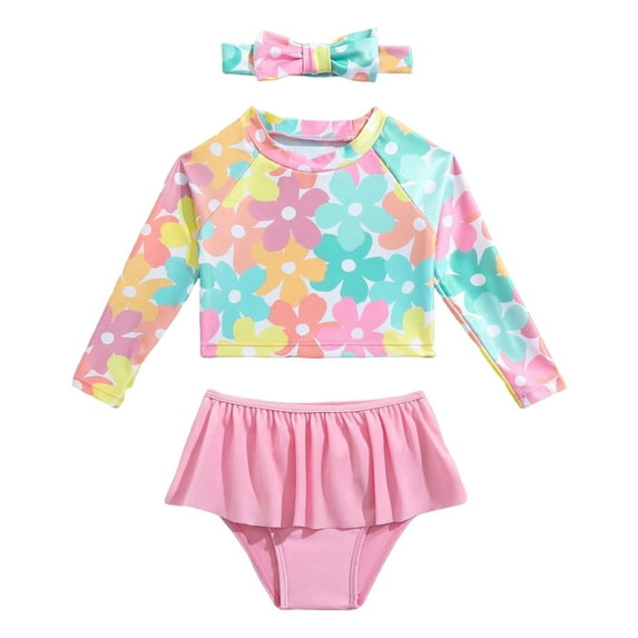 Linfrsh Girls Swimsuit 3 Piece Bathing Suits Set Multicolor Kids Summer Beach Water Sport Long Sleeve Rash Guard Sets Toddler Girl's Swimwear Pink,12-18 Months