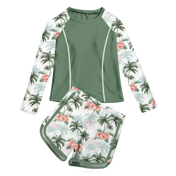 Linfrsh Girls Swimsuit Toddler Girl Swimsuit Two Piece Tropical Print Rash Guard Bathing Suits and Tankini Shorts Summer Beach Swimwear(Green,Size 5-6 T)