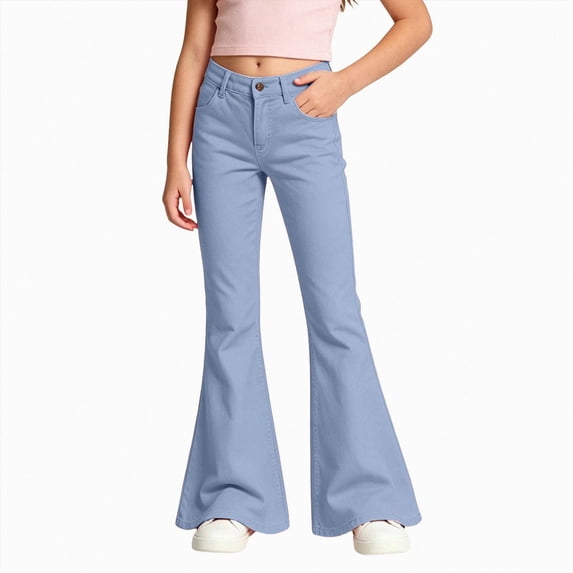Linfrsh Girls Uniform School Pants Kids Flare Bell Bottoms (Blue,12-13 Years)