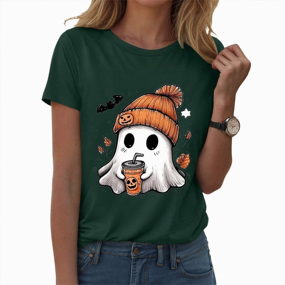 Linfrsh Halloween Costume Halloween Shirt For Women Fashion Print T Shirt Short Sleeve Women Short Sleeve Round Neck Tee T Shirt Printing Loose Top