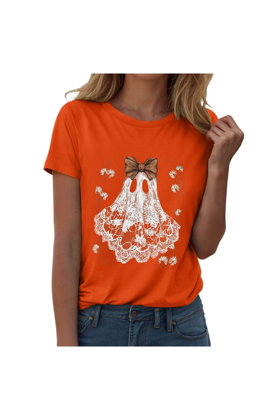 Halloween Shirts Woman Bloody Shirt for Women Funny Crew Neck Short Sleeve Halloween Blood Clothes Gift Blood Splatter Top(Orange,2XL)