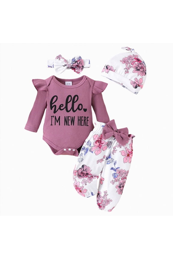 Hello World Newborn Outfit Baby Girl Going Home Outfit Ruffle Ribbed Romper Top Floral Pants Set Cute Summer Clothes Purple,0-1 Months