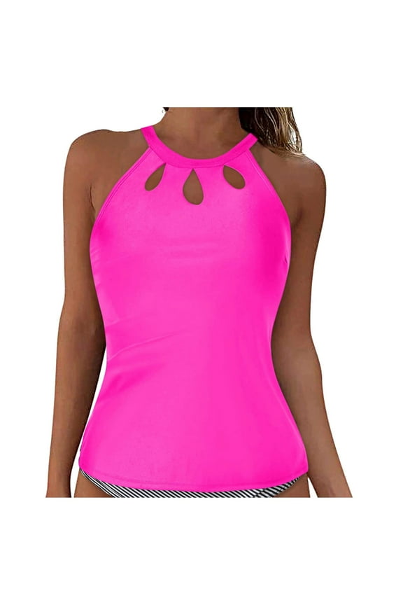 High Neck Tankini Top Backless Bathing Suit Tops for Women Swimsuit Top Key Hole Swim Top Only Hot Pink,L