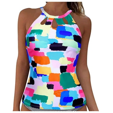 Linfrsh High Neck Tankini Top Backless Bathing Suit Tops for Women Swimsuit Top Key Hole Swim Top Only Light Blue,S