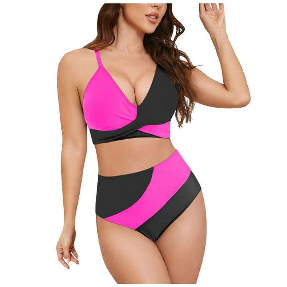 Linfrsh High Waisted Bikini Sets for Womens Tankini Tummy Control Swimsuits Color Block 2 Piece Drawstring Bathing Suit Swim Suits for Women 2025 Black,S