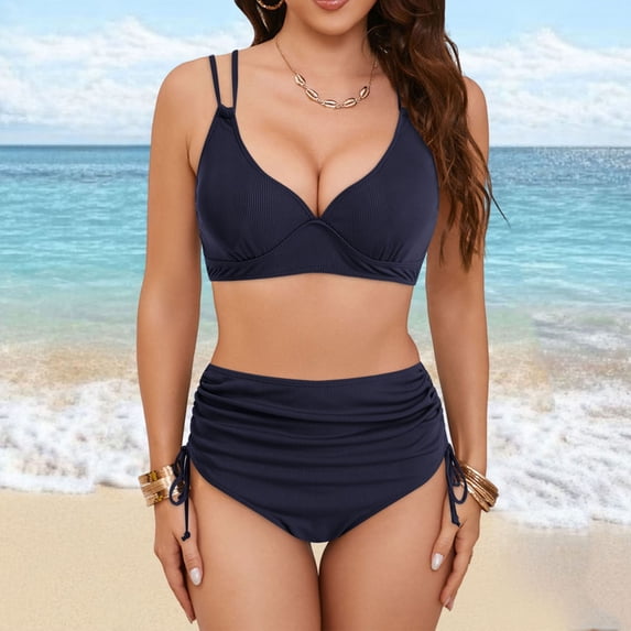 Linfrsh High Waisted Bikini Sets for Women,Tummy Control Swim Suits for Women 2024 Two Piece Drawstring Bathing Suit Navy,S