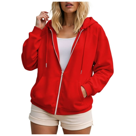 Linfrsh Hoodie Women Zip Up Hoodies For Women Zipper V-Neck Pullover Tops Long Sleeve Hooded Blouse Sweatshirt Red,2XL