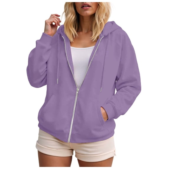 Linfrsh Hoodie for Women Oversized Zip Up Hoodie for Women Baggy Loose Basic Zipper Hooded Sweatshirt Coat Y2K Jacket Purple,S
