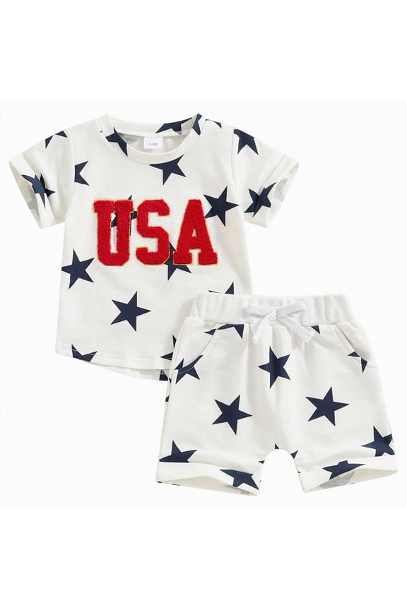 Infant Toddler Baby Boy 4th of July Outfits USA Flag Shirt Shorts Set Patriotic 2Pcs Clothes(Blue,6-12 Months)