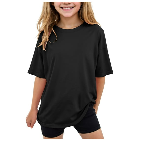 Linfrsh Kids T Shirts Girls T Shirts Ruffle Short Sleeve Summer Pleated Crewneck Casual Tops Tees Blouses(Black,Size 7-8 T)