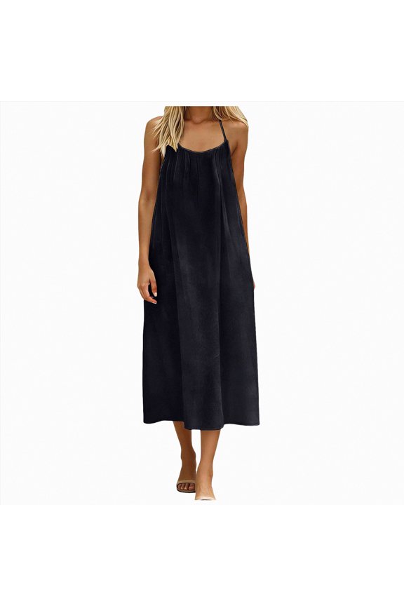Lady Summer Long Necked Dress Flowing Suitable For Wearing At Weddings Or During Beach Vacations(Black,L)