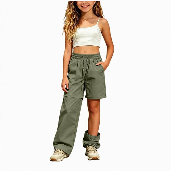 Linfrsh Lightweight Cargo Pants for Girls Kid Convertible Water-Resistant Zip-Off Outdoor Pants with Drawstring & Pockets(AG,13-14 Years)