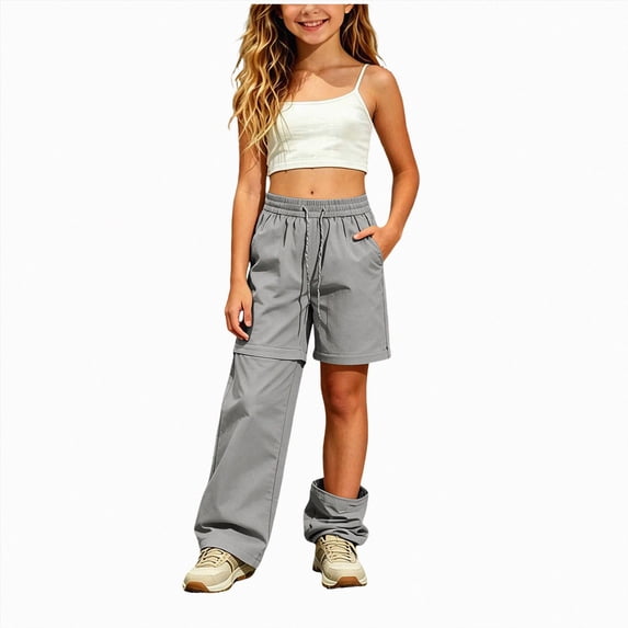 Linfrsh Lightweight Cargo Pants for Girls Kid Convertible Water-Resistant Zip-Off Outdoor Pants with Drawstring & Pockets(Grey,5-6 Years)