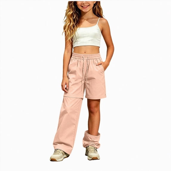 Linfrsh Lightweight Cargo Pants for Girls Kid Convertible Water-Resistant Zip-Off Outdoor Pants with Drawstring & Pockets(Pink,13-14 Years)