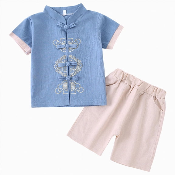 Linfrsh Little Boy Girls Outfits Tang Chinese Year Suit Traditional Sets(Blue,18-24 Months)