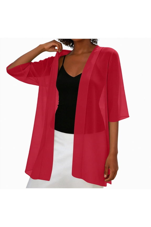 Long Sheer Chiffon Cardigans for Women Half Sleeve Light See Through Dusters Casual Loose Cardigan Capes(Red,XL)