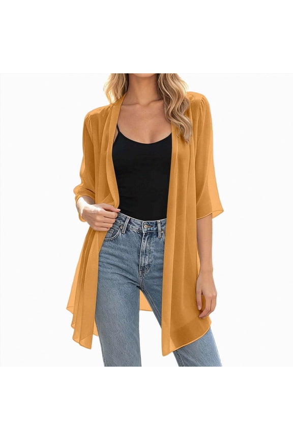 Long Sheer Chiffon Cardigans for Women Half Sleeve Light See Through Dusters Casual Loose Kimono Cardigan Capes(Gold,XXL)