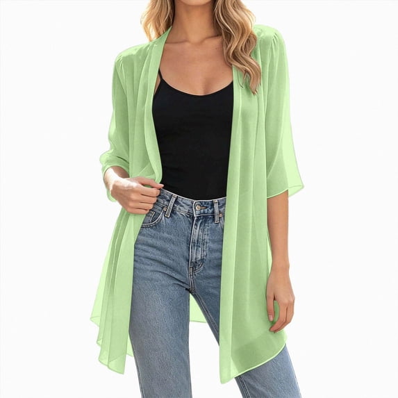 Linfrsh Long Sheer Chiffon Cardigans for Women Half Sleeve Light See Through Dusters Casual Loose Kimono Cardigan Capes(Light Green,XXL)