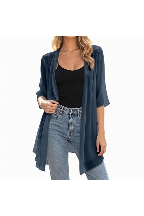 Long Sheer Chiffon Cardigans for Women Half Sleeve Light See Through Dusters Casual Loose Kimono Cardigan Capes(Navy,L)