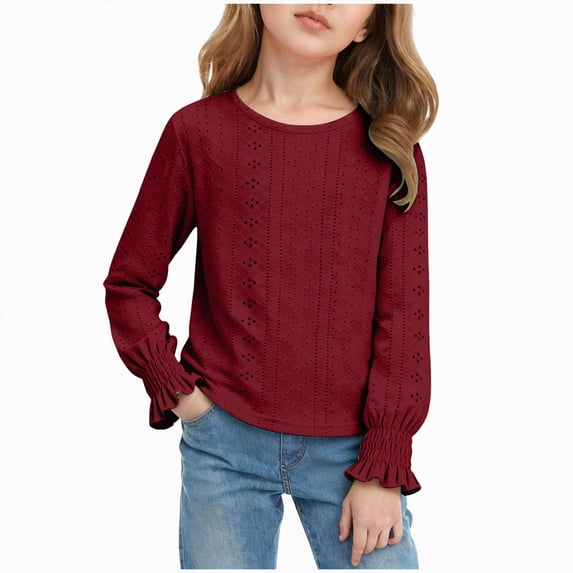 Linfrsh Long Sleeve Shirts for Girls Girls Long Sleeve T Shirts Soft Crewneck Basic Tops Casual Fall Winter Tee Shirts for Kids Youth Teen Girls(Red,14-16 Years)