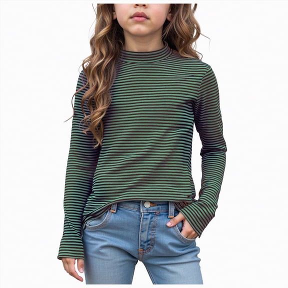 Linfrsh Long Sleeve Shirts for Girls Girls Shirts Casual Long Sleeve Crewneck Loose Striped Sweatshirts Pullover Tops Green,160