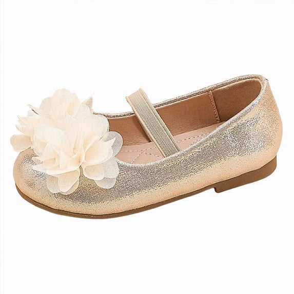 Linfrsh Mary Janes Toddler Flower Girls Dress Shoes Mary Jane Princess Ballet Flats With Bow And Pearls(Gold,Size13)
