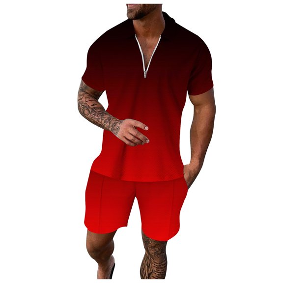 Linfrsh Men Cotton Linen Sets Outfits 2 Piece Summer Causal Short Sleeve Shirt and Shorts Set Beach Vacation Outfit(Red,4XL)