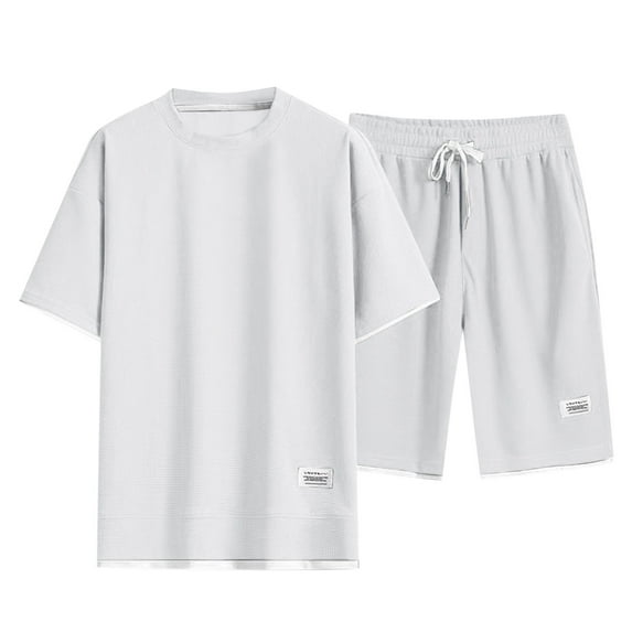 Linfrsh Men Summer Beach Outfits 2 Piece Short Sleeve Shirts and Shorts Vacation Linen Sets for Men(White,XL)