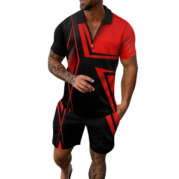 Linfrsh Men Track Suits 2 Piece Set Summer Casual Outfits Fashion Shirts Short Sleeve and Shorts Vacation Clothes(Red,6XL)