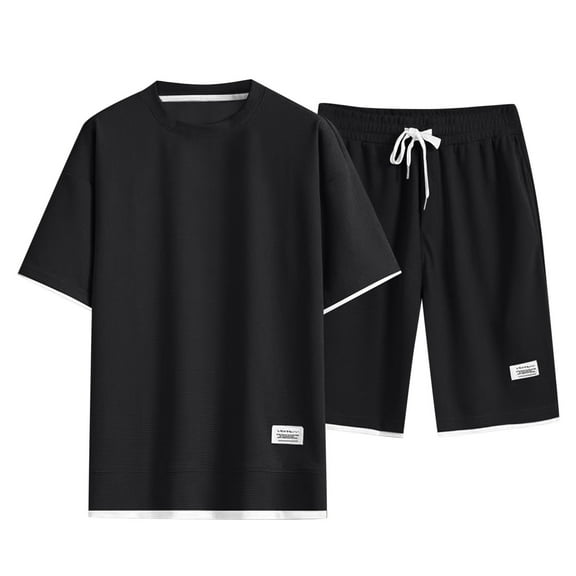 Linfrsh Men Two Piece Outfits Sets Color Block Short Sleeve T Shirt and Shorts Set with Pockets(Black,3XL)