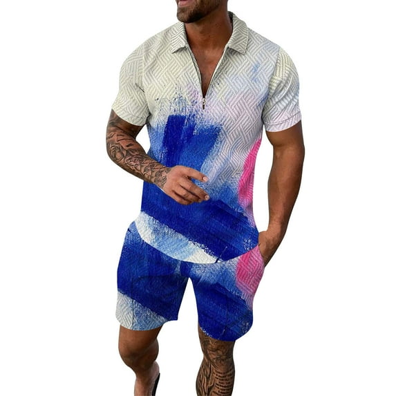 Linfrsh Men Two Piece Outfits Sets Color Block Short Sleeve T Shirt and Shorts Set with Pockets(White,3XL)