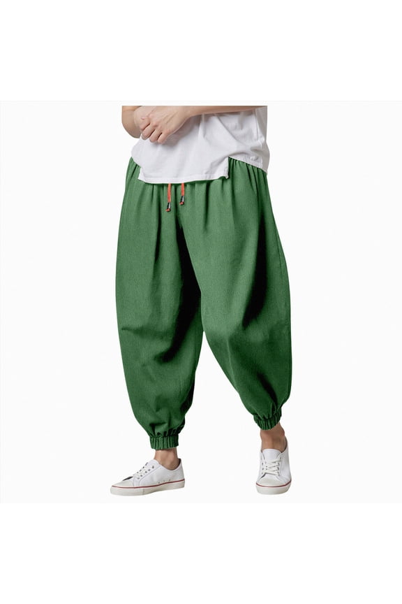 Mens Harem Pants Loose Fit Elastic Waist Drawstring Aladdin Hippie Trousers (Dark Green,M)