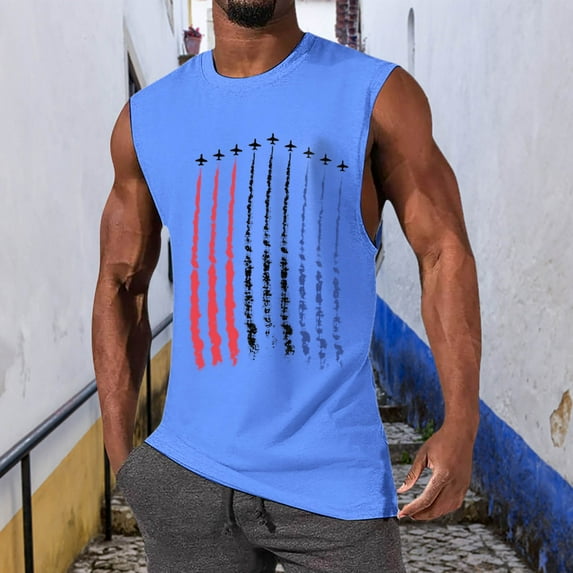 Linfrsh Mens Sleeveless Tank Tops Workout Cut Shirts Muscle Gym Sports Round Neck Casual T Shirts Blue,XL