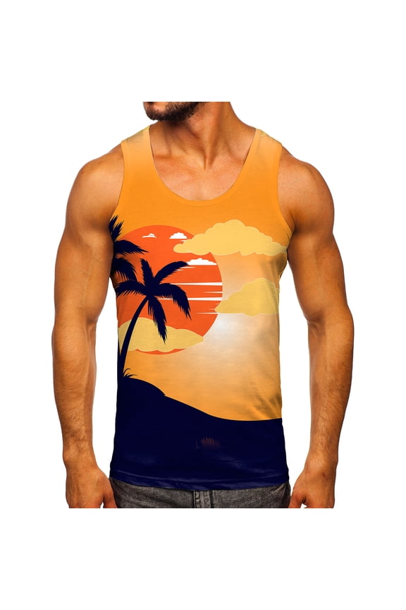 Mens Summer Beach Tank Top Tropical Print Sleeveless Muscle Basic Tee Vacation Tops Vintage Graphic T Shirt Shirts Orange,M