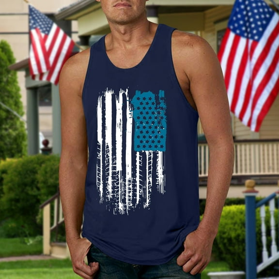 Linfrsh Mens Tank Tops Summer Sleeveless Loose Crewneck Casual Print Tank Top Navy,2XL