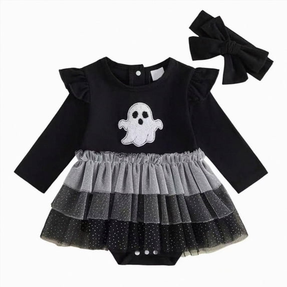 Linfrsh My 1st Halloween Newborn Baby Girl Pumpkin Romper Dress Tutu Onesie Infant Halloween Outfits Fall Winter Clothes (Black,6-12 Months)