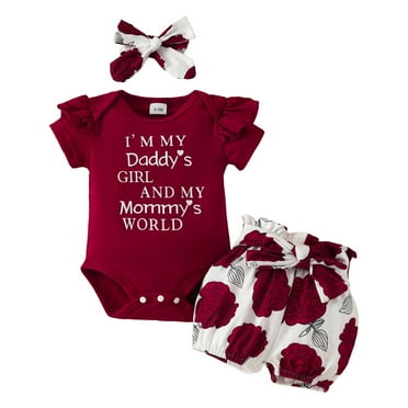 Linfrsh Baby Girl Clothes Summer Knit Ribbed Floral Print Romper Top Shorts Headband Outfit Short Sleeve 3pcs Set ,0-3 Months