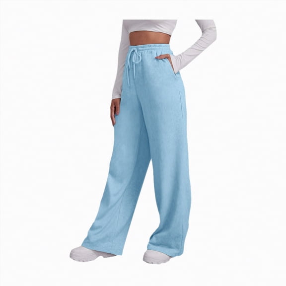Linfrsh Pants for Women Wide Leg Sweat Pants for Womens High Waisted Baggy Sweatpants Casual Drawstring Workout Pants with Pockets Light Blue,S