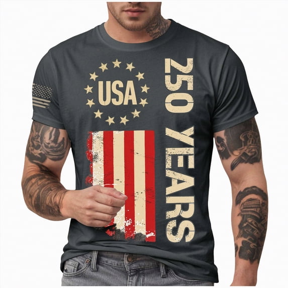 Linfrsh Patriotic T Shirts for Men 250 Years US Flag T-Shirt Patriotic 4th of July America Independence Day Tops(Dark Gray,M)